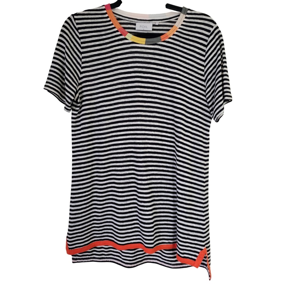 FOIL‎ Striped Linen Top Shirt Multicolored Trim Women's Size S